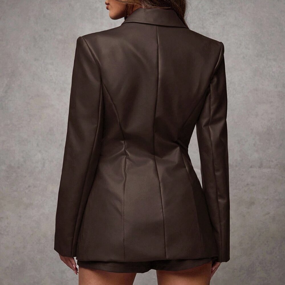 Brown Elegant Women's Cinched Waist Faux Leather Blazer Jacket - Picture 6 of 8